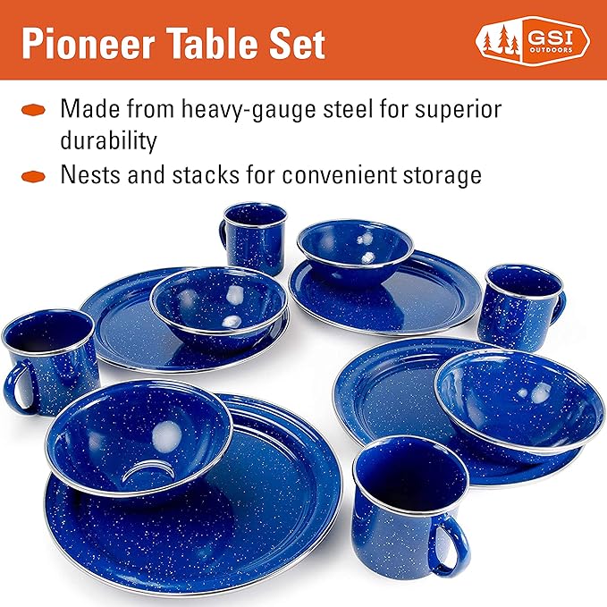 GSI Outdoors Pioneer Enamel 12 Pieces (4-Person) Dish Set I Enamelware Dishes Including Plates, Bowls and Mugs for Camping, Outdoors, RV, Camp, Blue