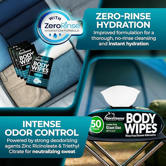 Body Wipes for Men (2pk) - 100 XL No Rinse Shower Sheets + 8 Travel Bath Wipes - 9"x12" After Gym Adult Washcloths - Mens Deodorant, Face Towels, Hunting & Camping Essentials, Survival Gear & Supplies