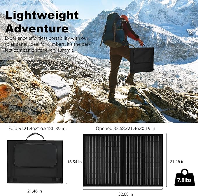 Portable 60 Watt 12V Foldable Solar Panel with Adjustable Kickstands and Waterproof IP65 Design for Power Station, Travel, Outdoor Camping, RVs, and Off-Grid Applications