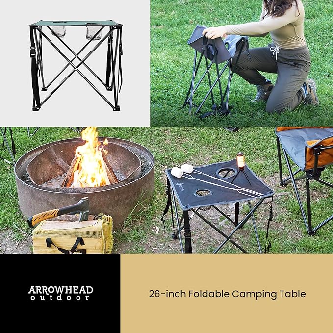 ARROWHEAD OUTDOOR 26” (66cm) Portable Camping Folding Table, 2 Cup Holders, Square, Carrying Case, Steel Frame, High-Grade 600D Canvas