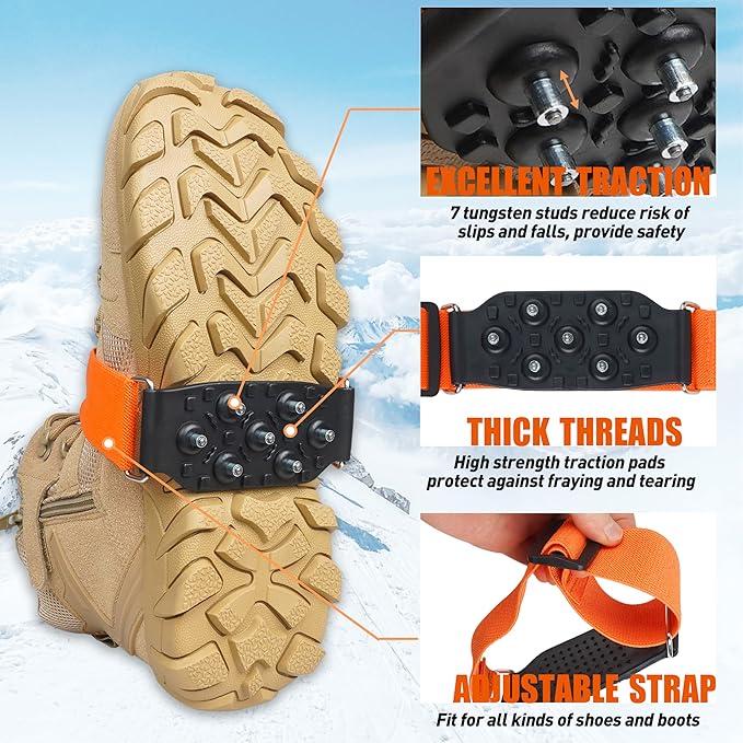 Ice Cleats Snow Traction Cleats for Walking on Snow and Ice Mid-Sole Non-Slip Crampon with Adjustable Straps 7 Tungsten Studs for Secure Grip Anti Slip Crampons for Walking Jogging Hiking