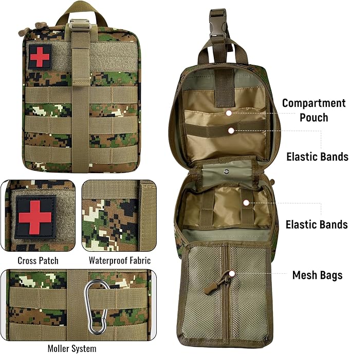 Survival First Aid Kit, MOLLE Medical Pouch Tactical First Aid Kit for Home, Car, Hiking, Travel, Camping, JungleGreen