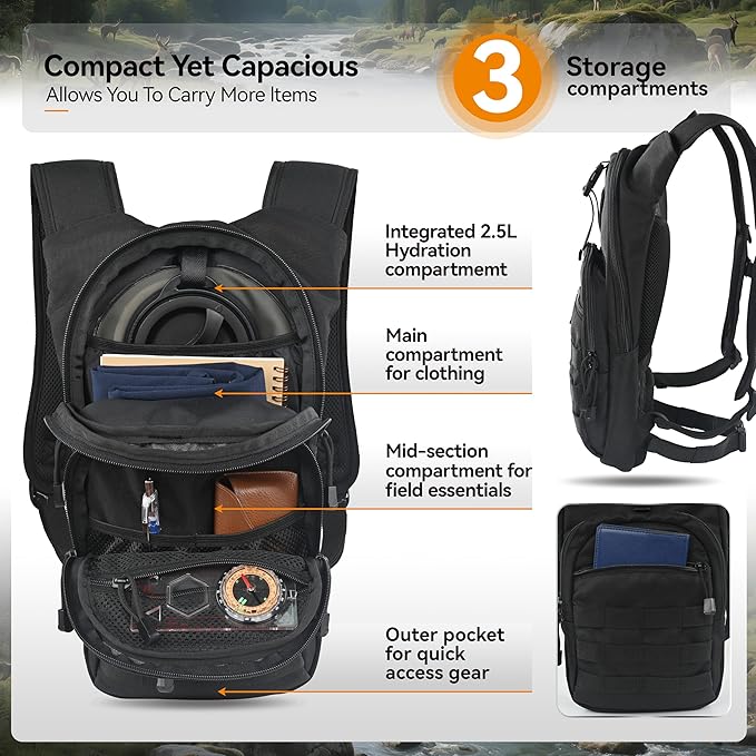 MARCHWAY Tactical Molle Hydration Pack with 2.5L TPU Water Bladder, Compact Yet Spacious Military Backpack for Hiking, Cycling, Backpacking, Hunting, Running