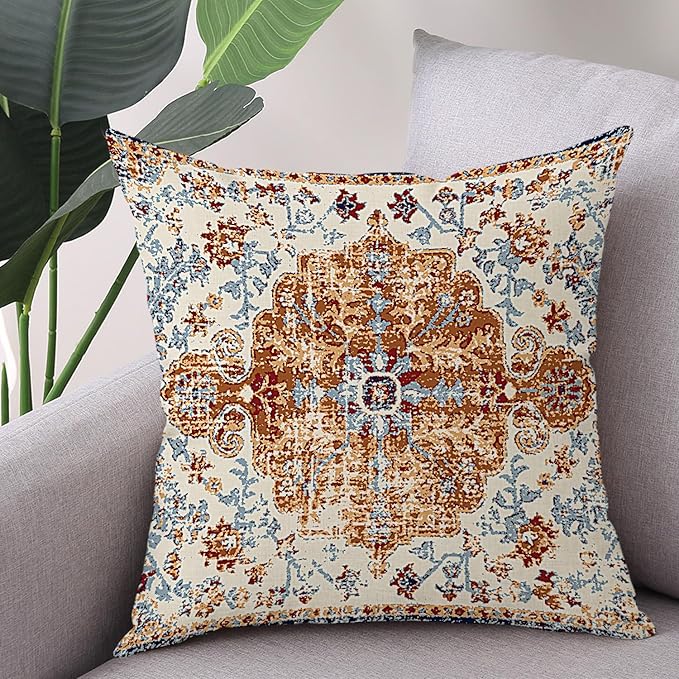 Outdoor Waterproof Pillow Set of 2 - 18X18 Inch Bohemian Vintage Carpet Pattern Pillow Covers in Brown and Blue Ethnic Design for Decorative Farmhouse Couch, Garden, Balcony