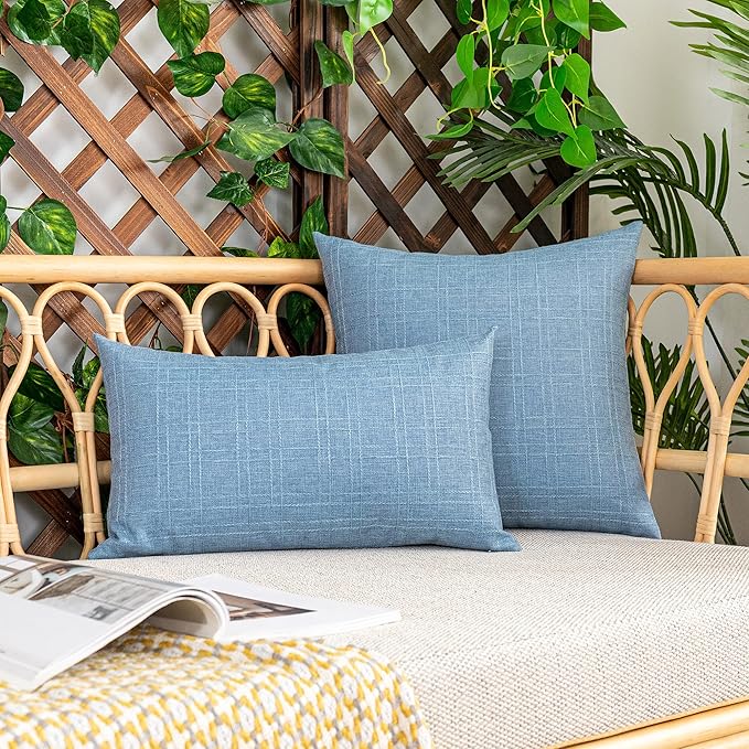 Kevin Textile Pack of 2 Outdoor Waterproof Throw Pillow Covers Decorative Square Outdoor Checkered Pillows Cushion Case Patio Pillows for Couch 12x20 inches 30x50 cm Light Blue