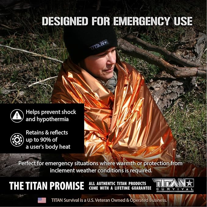 TITAN Survival - Mylar Survival Blankets 5 Pack - 90% Heat Retention & Waterproof Design - Emergency Blanket Cold Weather Protection & Survival Kits - Durable Space Blanket for Outdoor Use
