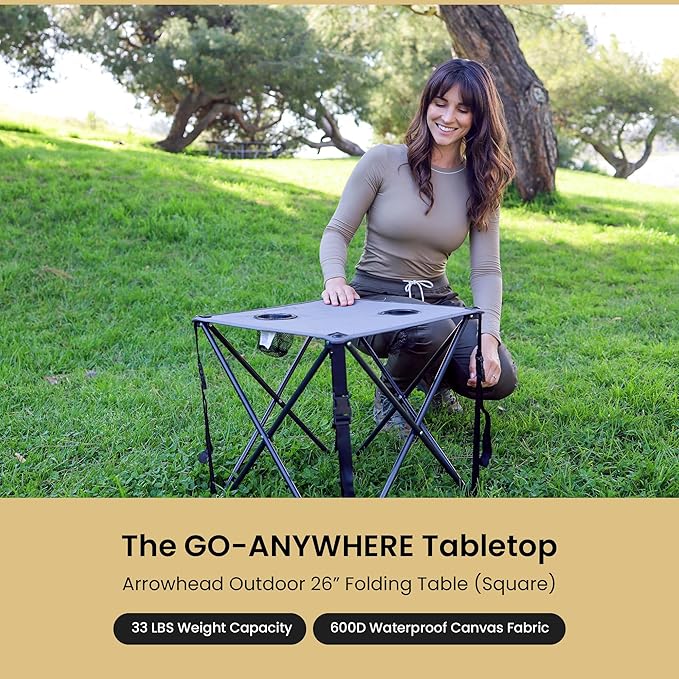 ARROWHEAD OUTDOOR 26” (66cm) Portable Camping Folding Table, 2 Cup Holders, Square, Carrying Case, Steel Frame, High-Grade 600D Canvas