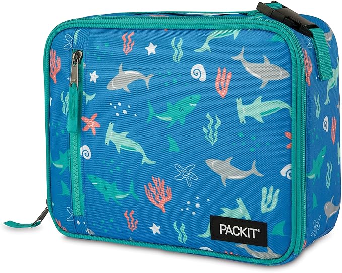 PackIt Freezable Classic Lunch Box, Sea Shark, Built with ECOFREEZE Technology, Collapsible, Reusable, Zip Closure With Zip Front Pocket and Buckle Handle, Designed for Fresh Lunch On the Go
