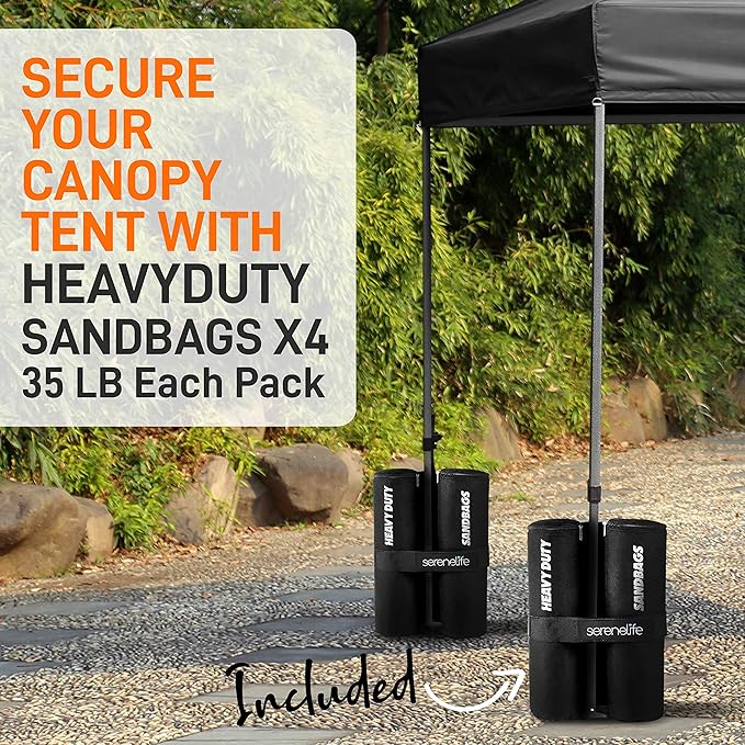 Pop Up Canopy Tent 10x10 - Commercial Instant Shelter Foldable/Collapsible Sun Shade Canopy Pop Up Tent w/Waterproof UV Resistant Tent Top, Portable Carry Bag & Sand Bag - SereneLife SLGZ10BA (Black)