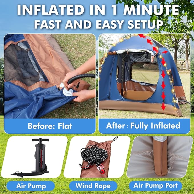 2-4 Person Inflatable Camping Tent | 60 Second Setup | 4 Season Waterproof (PU3000 Oxford) | All Weather Tent for Romantic Dates, Fall/Winter Camping, Hunting & Fishing