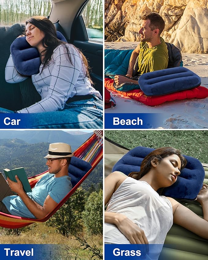 Ultralight Inflatable Camping Pillow for Sleeping – Soft Velvet Cover, Compact & Portable, Ergonomic Neck Support, Machine Washable Air Pillow, Perfect for Travel, Hiking, Backpacking – Blue