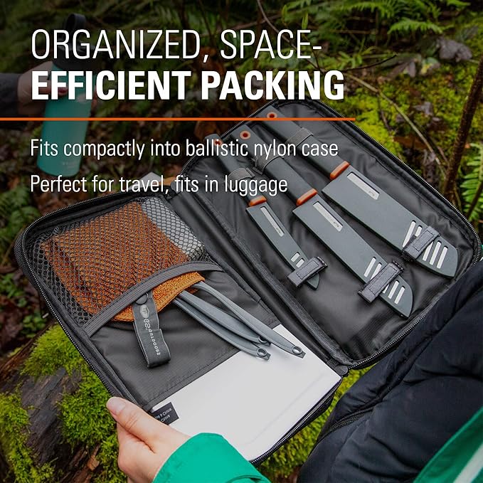 GSI Outdoors Santoku Knife Set, Compact 6-Piece Camping Chef Knife Kit with Cutting Board, Sheaths, Soap Bottle & Travel Case