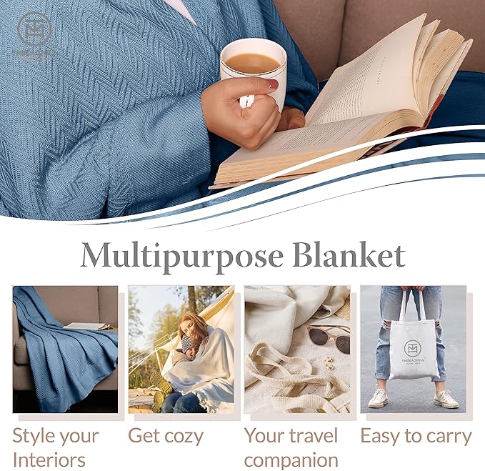 Threadmill Luxury Cotton Blankets for Queen Size Bed | All-Season 100% Cotton Queen Size Blanket | Herringbone Soft Breathable Fall Thermal Blanket fits Full Size Bed | Folkstone Blue