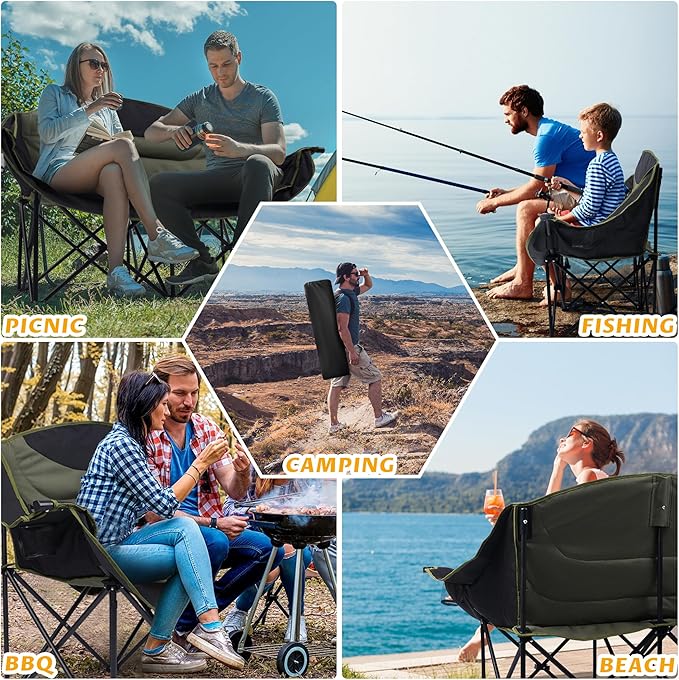 UBALANCE Double Camping Chair for Adults - Heavy Duty 650LBS Portable Camping Chairs Oversized Camping Loveseat, Folding Camping Chair for Garden Lawn Sport Picnic Beach Fishing (Green)