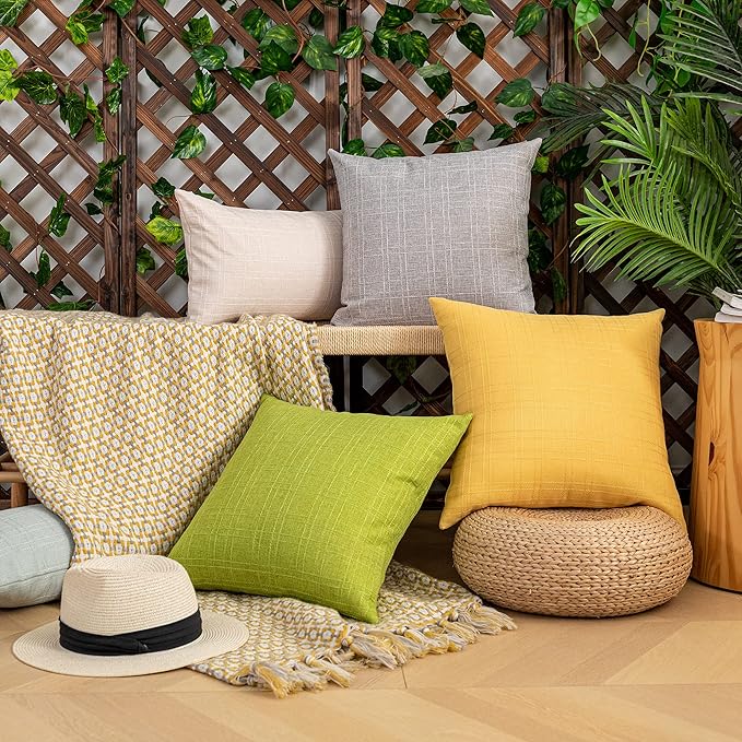 Kevin Textile Pack of 2 Decorative Outdoor Waterproof Throw Pillow Covers Checkered Pillowcases Classic Cushion Cases for Patio Couch Bench 16 x 16 Inch Yellow