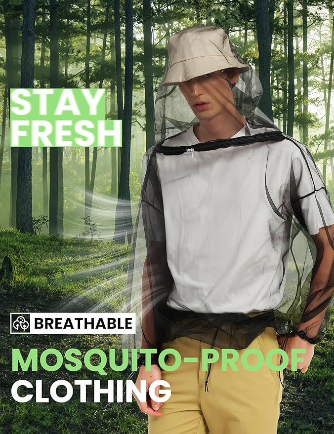 HENNCHEE Mosquito Suits for Adult, Mesh Net Bug Hooded Jacket Pant, Outdoor Full Body Protection Mosquito Proof Clothing
