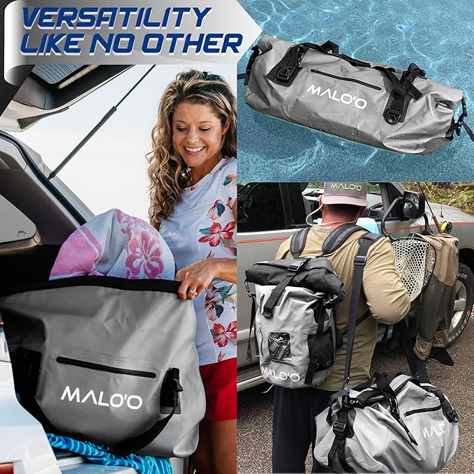 Malo’o Waterproof Dry Duffel, Heavy-Duty Roll Top Waterproof Gear Bag with Shoulder Strap & Molle Loops, Marine Duffel for Kayaking, Boating, Camping, Beach & Travel, Grey, 60L