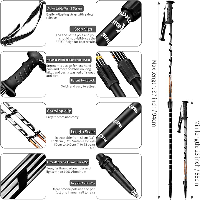 Hiking Poles for Kids - Ultralight Nordic Walking Sticks - Telescopic Child Trekking Poles Collapsible 2 Pack
