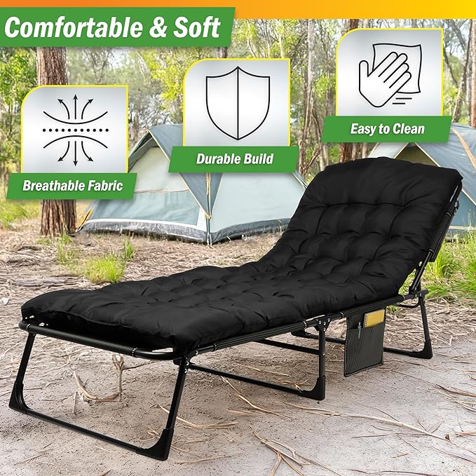 Folding Camping Cot with Mattress for Adults up to 440lbs - Heavy Duty Foldable Bed with Removable Cot Mattress and 3 Recline Positions for Travel, Camp, Beach or Guest Bed by Wakeman Outdoors (Black)