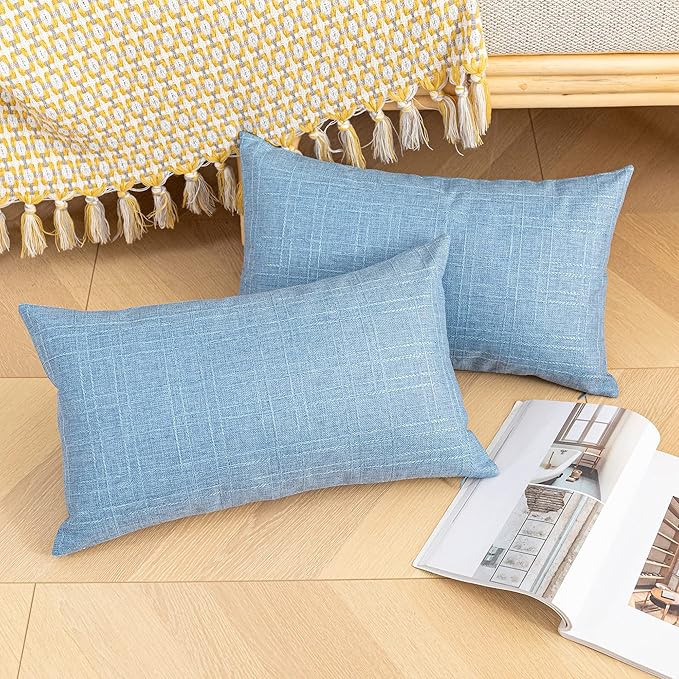 Kevin Textile Pack of 2 Outdoor Waterproof Throw Pillow Covers Decorative Square Outdoor Checkered Pillows Cushion Case Patio Pillows for Couch 12x20 inches 30x50 cm Light Blue