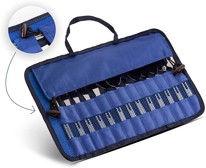 13 Piece Stainless Steel Family Cutlery Picnic Utensil Set with Travel Case for Camping | Hiking | BBQs - Includes Forks | Spoons | Knifes | Chopstick, Plus Nylon Commuter Case (Dark Blue)