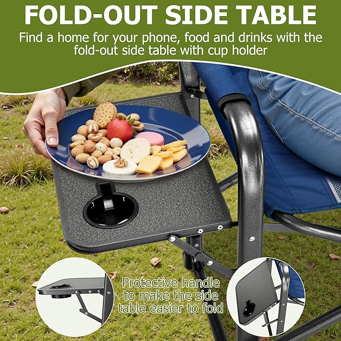 Folding Camping Chair, Heavy Duty Chairs for Adult, Directors Chair, Folding Beach Chair, Oversized Portable Camping Chair with Side Table and Cooler, 400lbs Capacity for Beach, Fishing, Trip, Picnic
