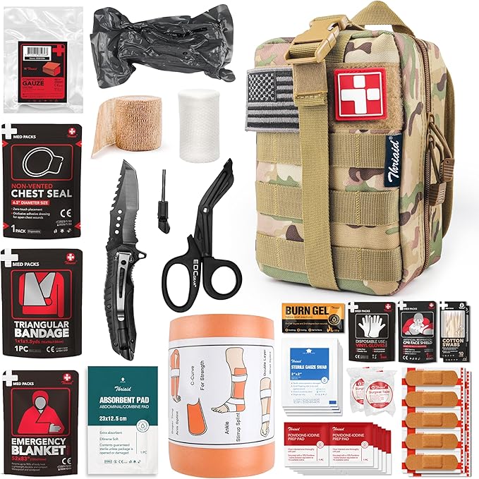 Survival First Aid Kit with Israeli Bandage, Splint, Chest Seal, Tactical Military Combat Molle IFAK for Wound Care, Bleeding Control, Trauma Hemorrhage and More