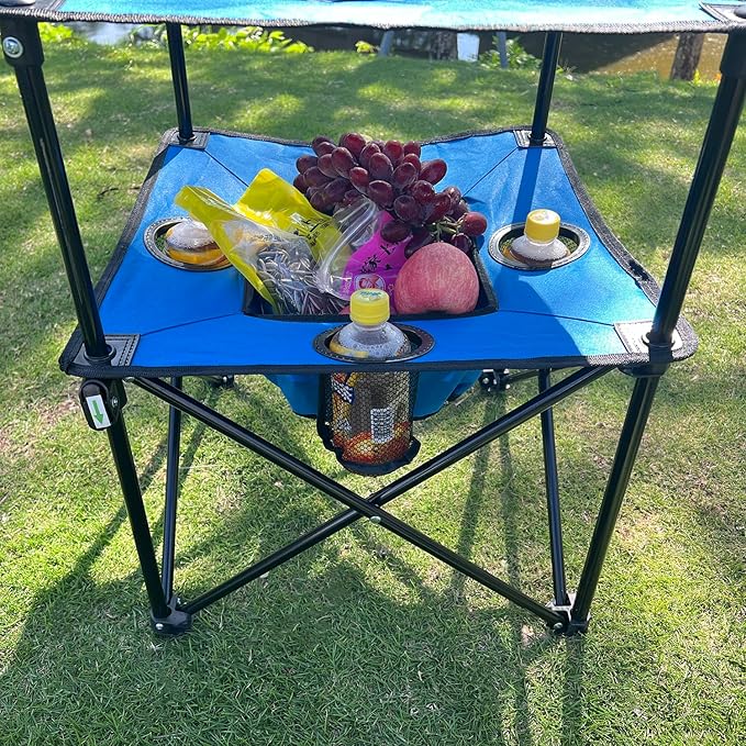 Portable Folding Camping Table with Cup Holders – Lightweight & Compact 2-Tier Outdoor Table with Storage, Ideal for Card Games, Snacks, Picnic, Tailgating & Camping (Blue + Black)
