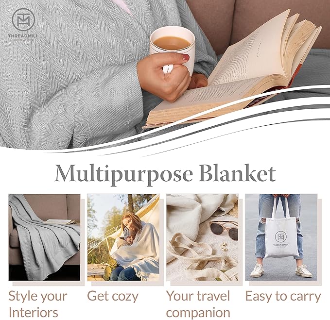 Threadmill Luxury Cotton Blankets for King Size Bed | All-Season Cozy 100% Cotton King Size Blanket | Herringbone Soft Fall Thermal Blanket fits California King Size Bed | Light Grey