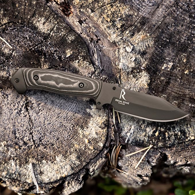 Fixed Blade Knife 10” Hunting Knife With Built-in Military Compass And Leather Sheath - G10 Handle Survival knives for Camping, Hiking, and Outdoor Use