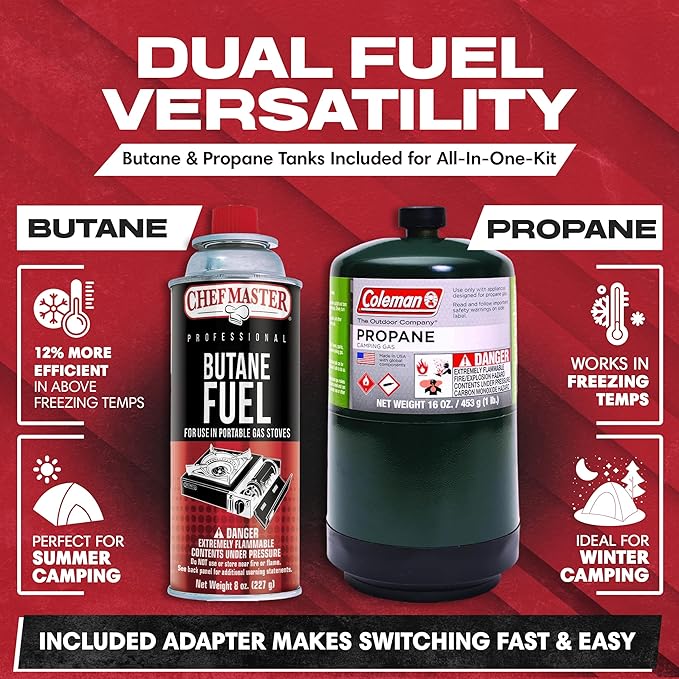 Dual Fuel Portable Stove Combo, Dual Fuel Butane & Propane Stove, 12K BTU Portable Camping Stoves w/ 4 x 8 oz. Butane Tin Canister for Camping, Emergencies & Outdoor Cooking, Grill by Grill Boss 90057