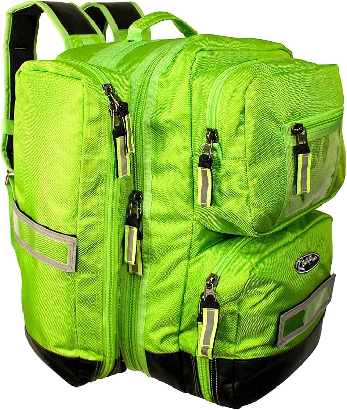Kemp USA Ultimate EMS Backpack - Emergency Supplies - EMT Bag Fits BLS/ALS Equipment and D Tank Oxygen Cylinder - Multiple Grab Points, Chest & Waist Support Straps & Color-Coded Pouches (Neon Green)