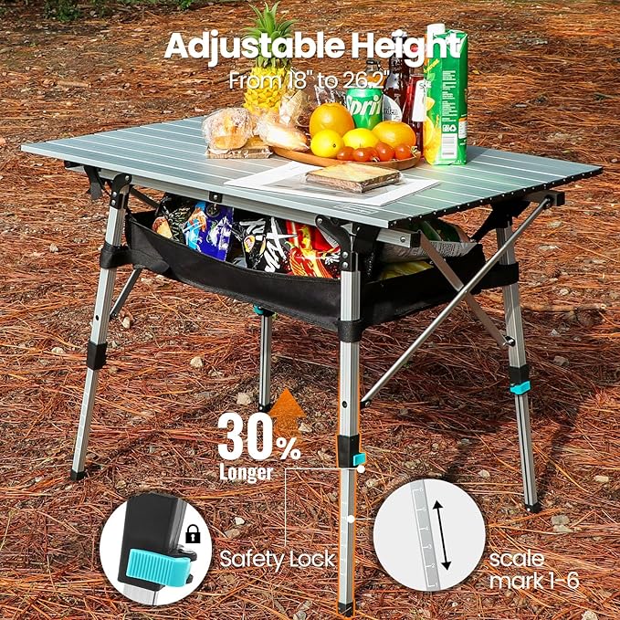 Portable Camping Table with Adjustable Legs, Lightweight Aluminum Folding Table Foldable Table for Outdoor Cooking, Picnic, Beach, Backyards, Rectangular