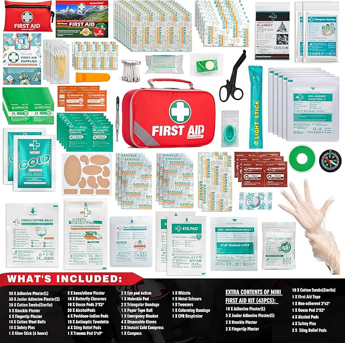General Medi 2-in-1 First Aid Kit (215 Piece Set) + 43 Piece Mini First Aid Kit -Includes Ice(Cold) Pack, Moleskin Pad and Emergency Blanket for Travel, Home, Office, Car, Workplace