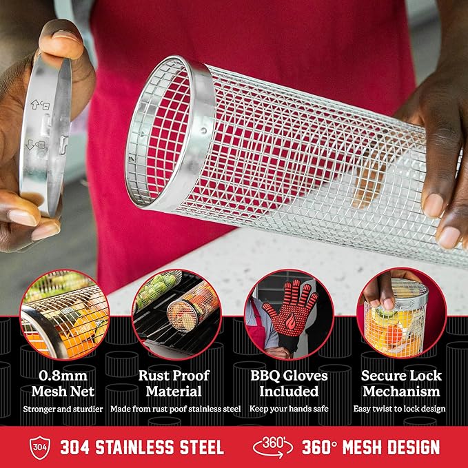 BLAZIN' GRILL Rolling Grill Basket | Rolling Grilling Baskets for Outdoor Grilling 2 Pcs | Barbecue Grill Set with BBQ Gloves | Portable Camping Net Rack Perfect for Vegetables, Seafood & Meat