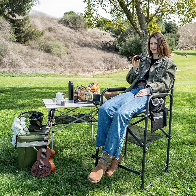 SUNNYFEEL Tall Camping Directors Chair, Portable Folding Artist Makeup Chair with Side Table, Pocket, Footrest, Heavy Duty for Beach,Trip,Picnic,Concert Outdoor Foldable Camp Lawn Chairs