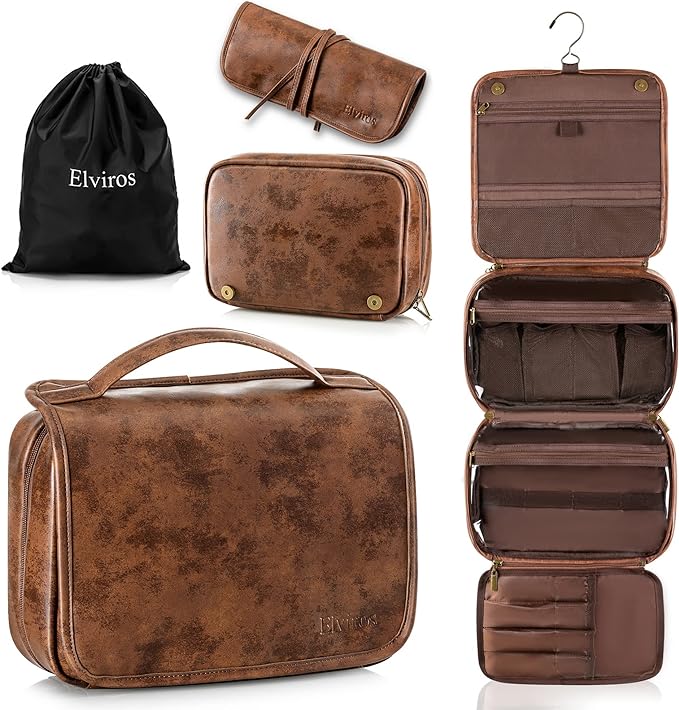 Elviros Hanging Toiletry Bag Removable Travel Bag PU leather Makeup Cosmetic Organizer Kit, Dark Brown