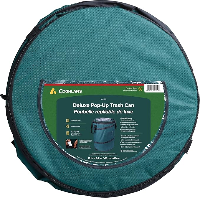 Coghlan's Deluxe Durable Pop-Up Trash Can – Collapsible Garbage Bin with Zippered Lid, Bag Clips, and Anchoring Points for Camping, Home, and Outdoor Use – 29.5 Gallon