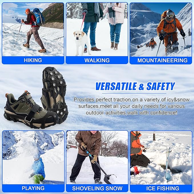 Ice Cleats Snow Traction for Shoes and Boots Ice Snow Crampons Ice Gripper for Walking on Snow and Ice 9-Studs Non Slip Ice Cleats Rubber Overshoe Slip-on Stretch Footwear Winter Hiking Climbing