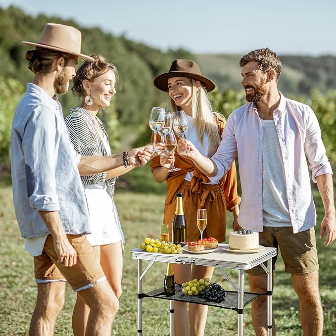 Folding Table Small, 24''L x16''W Camp Aluminum Table with Adjustable Height Legs, Indoor Outdoor Lightweight Portable Folding Aluminum Dining Table for Picnic Camping 2-Feet（10"/19"/27）