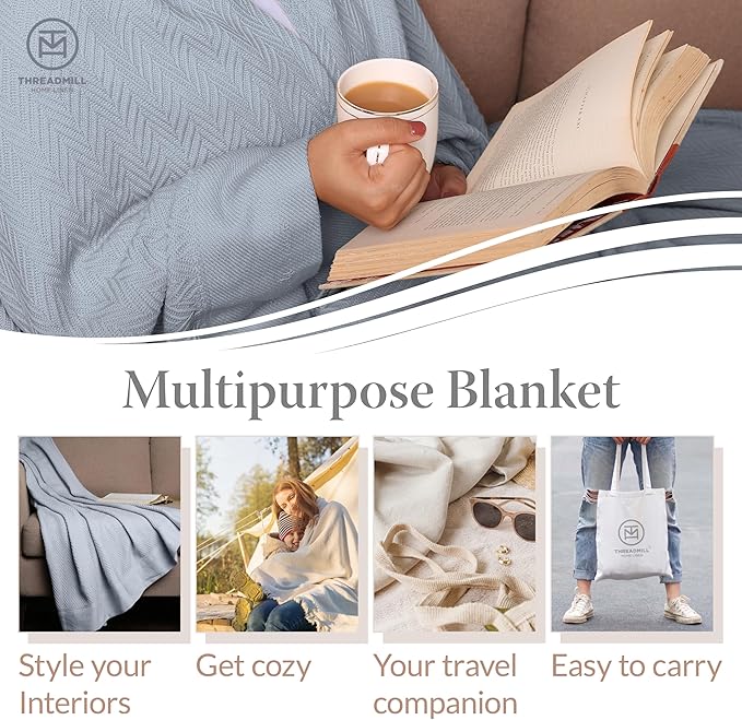 Threadmill Luxury Cotton Blankets for King Size Bed | All-Season Cozy 100% Cotton King Size Blanket | Herringbone Soft Fall Thermal Blanket fits Cal King Size Bed | Scottish Grey