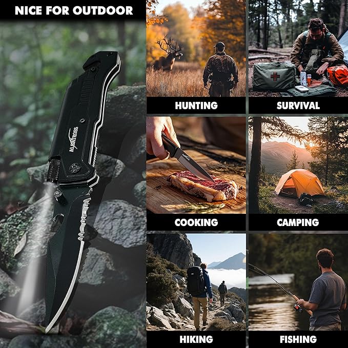 7-in-1 Tactical Survival Knife - Glass Breaker, Seatbelt Cutter, Serrated Steel Blade, Firestarter, LED Flashlight, Bottle Opener & Pouch | Military, Emergency, Outdoor Rescue Gear (Black)