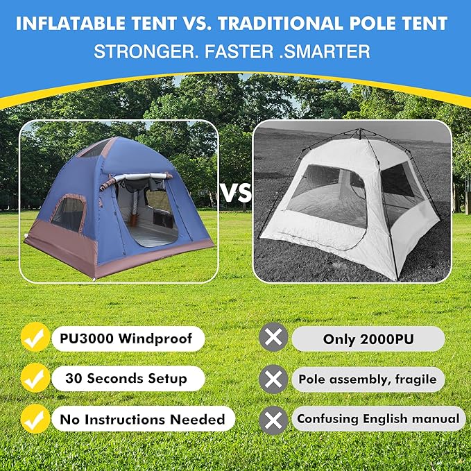 2-4 Person Inflatable Camping Tent | 60 Second Setup | 4 Season Waterproof (PU3000 Oxford) | All Weather Tent for Romantic Dates, Fall/Winter Camping, Hunting & Fishing