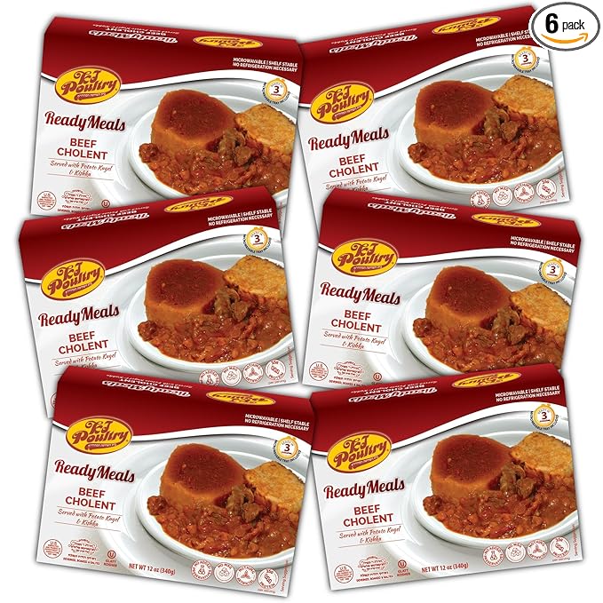 KJ Poultry Kosher Ready Meals - Beef Chulent & Kugel, MRE Meat Meals Ready to Eat, Shabbat Food (6 Pack) Prepared Entree Fully Cooked, Shelf Stable Microwave Dinner Travel, Military, Camping, Survival