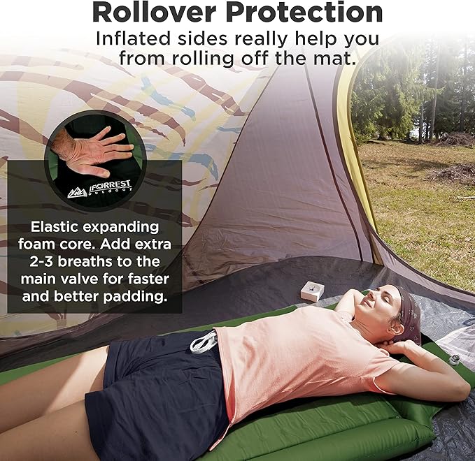 Camping Pad with Armrest & Pillow - Self-Inflating Air Mattress - Rollover Protection - Ultra-Comfortable Mat - Lightweight for Tent, Cot, Backpacking(L/XL)