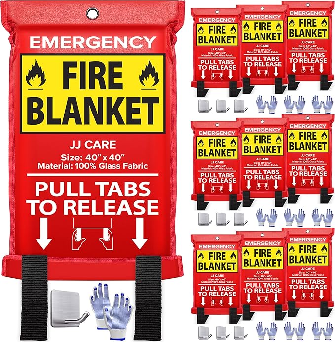 JJ CARE Fire Blanket – 10 Packs with Hooks and Gloves – Emergency Fire Blanket for Home & Kitchen, High Heat Resistant Fire Suppression Blankets for Home Safety, Kitchen, and Camping