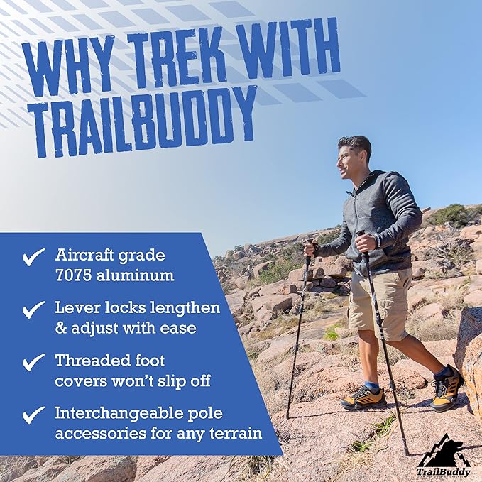 TrailBuddy Trekking Poles – Lightweight 7075 Aluminum Hiking Poles for Women, Men & Seniors – Collapsible Walking Sticks for Travel, Trails & Balance