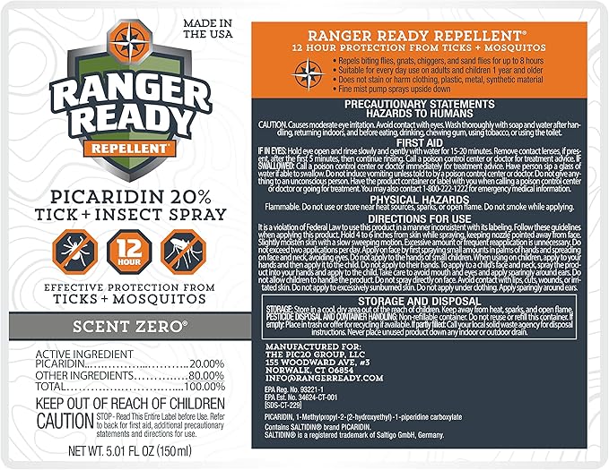 Ranger Ready Repellents Picaridin Insect Repellent Spray with Scent Zero - Mosquito Repellent and Tick Spray (5 oz, Pack of 1)