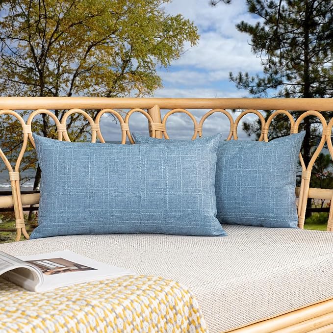 Kevin Textile Pack of 2 Outdoor Waterproof Throw Pillow Covers Decorative Square Outdoor Checkered Pillows Cushion Case Patio Pillows for Couch 12x20 inches 30x50 cm Light Blue