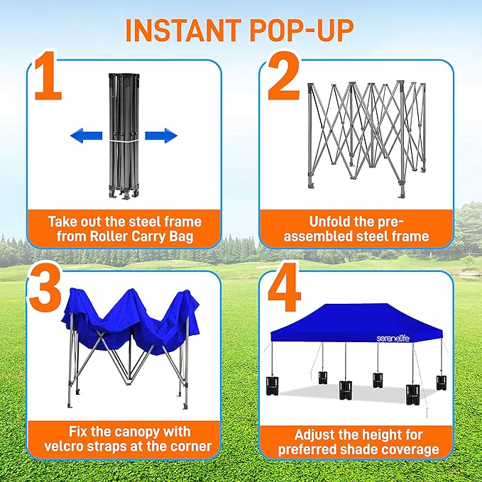 SereneLife Pop Up Canopy Tent 10x20-Commercial Instant Shelter Foldable/Collapsible Sun Shade Canopy Pop Up Tent w/Waterproof Tent Top,Portable Carry Bag&Sand Bag-SereneLife SLGZ20BU(Navy Blue)